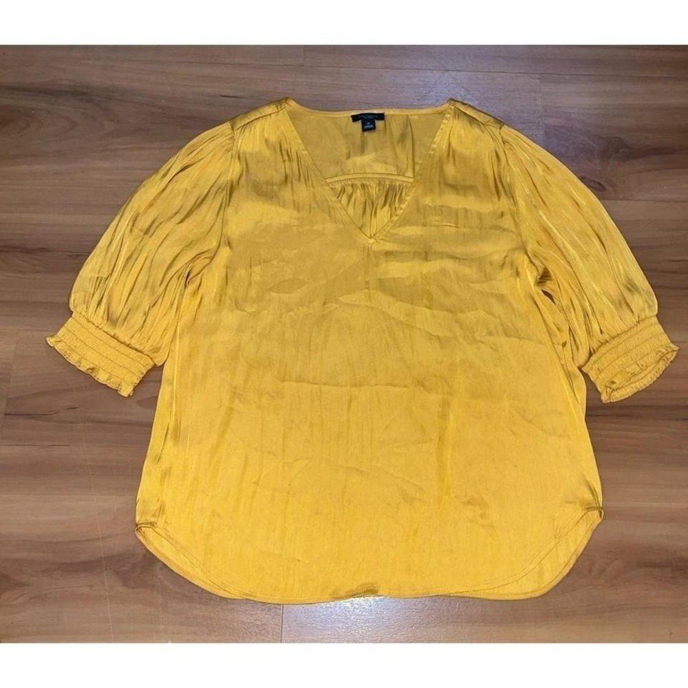 Womens Ann Taylor‎ Satin Ruffled sleeve Gold Blouse Top